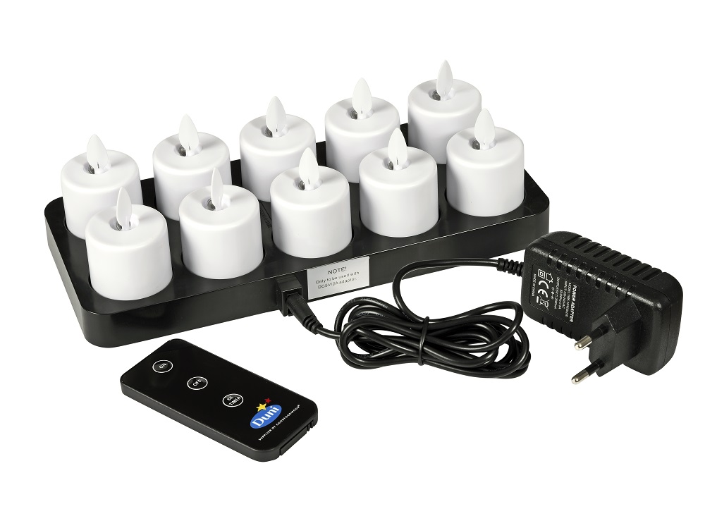 Moving Flame  LED Set warmweiß, 10 Stück, wiederaufladbar, 3,6 x 3,8 cm